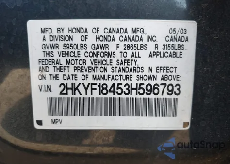 2003 Honda Pilot Ex из США, поврежденный, VIN 2HKYF18453H596793